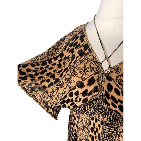 Anthropologie L Animal Print Kaftan Maxi Dress Flowy Coverup Elastic Waist Brown - Picture 3 of 9